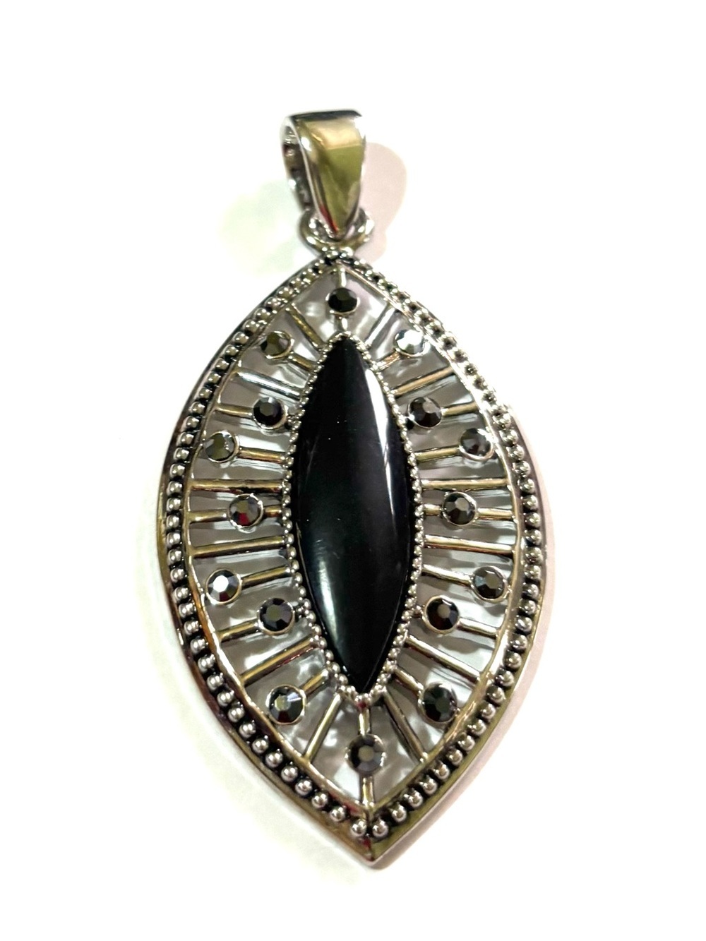 Vintage Sterling Silver Black Marquise Onyx Pendant